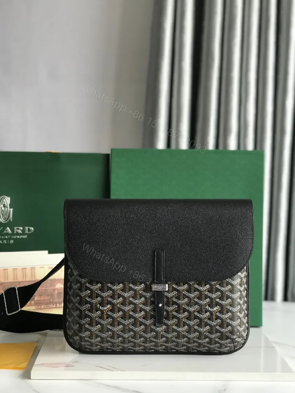 Structured Black Leather & Patterned Panel Crossbody Bag — view 1