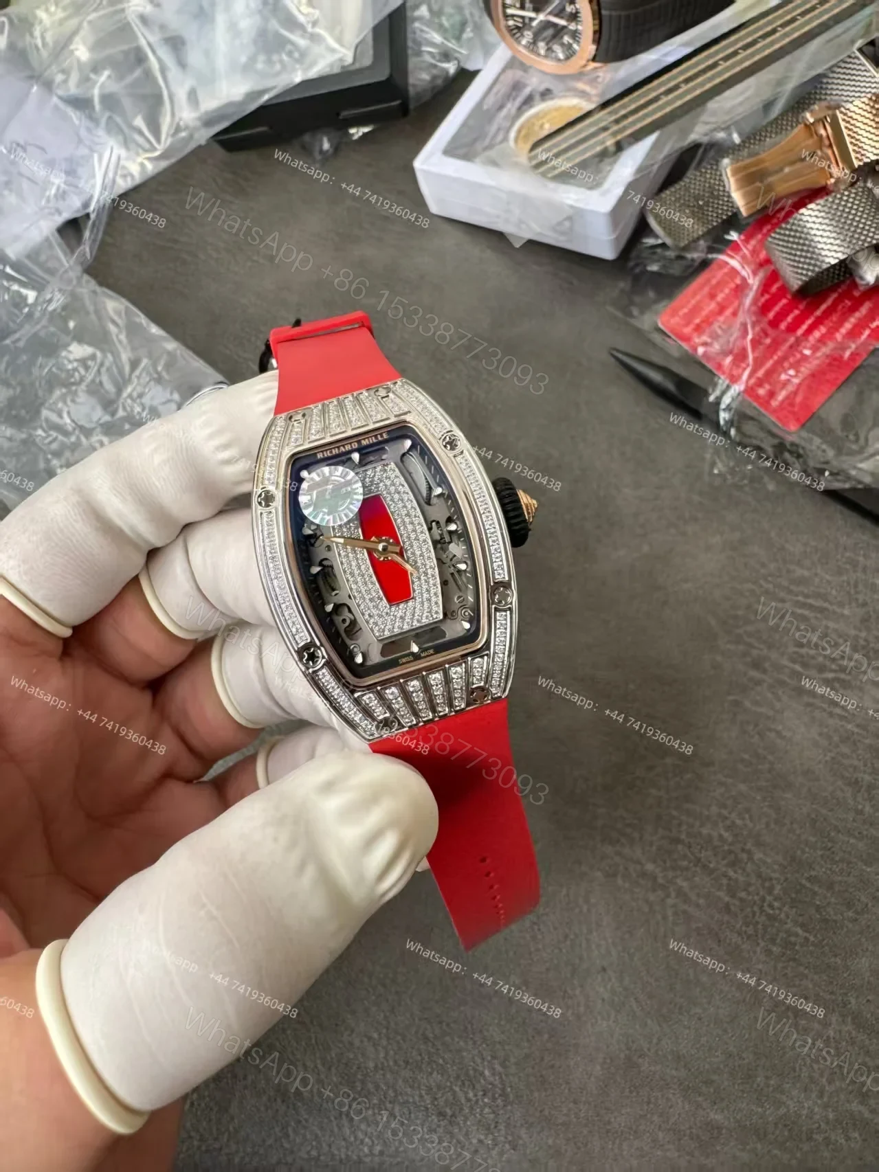 View 5 of Super Clone Richard Mille RM 07 Full Diamond 1:1 Replica Watch with Red Rubber Strap