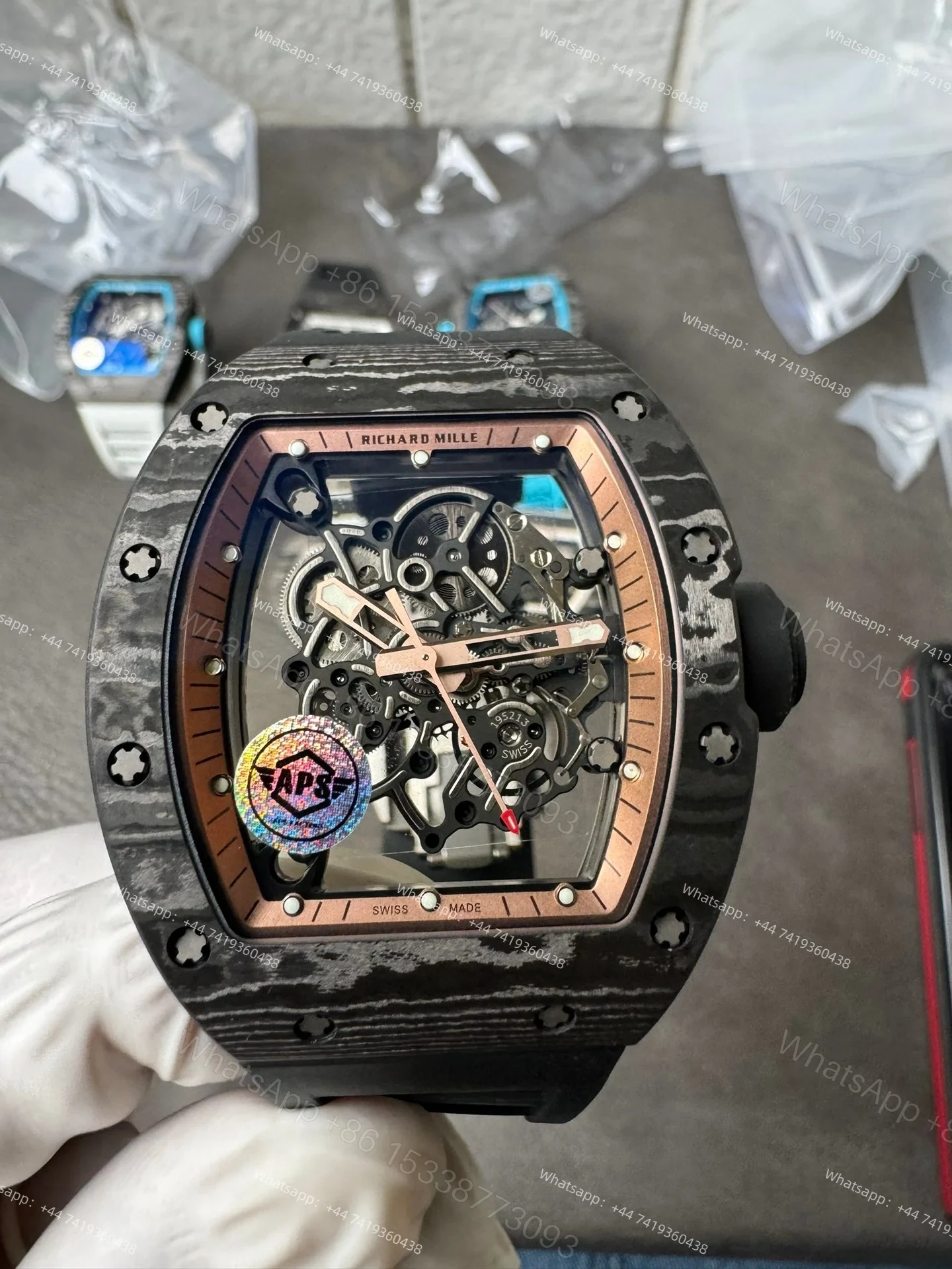 View 5 of Super Clone Richard Mille RM 055 Carbon TPT Rose Gold Skeleton 1:1 Replica Watch