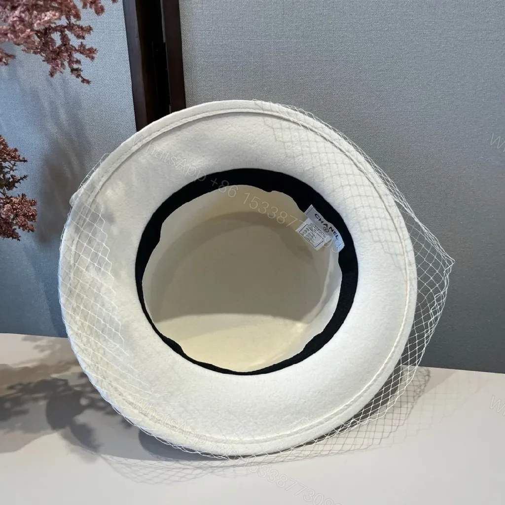 View 3 of Ivory Felt Fedora with Veil & Emblem Accent