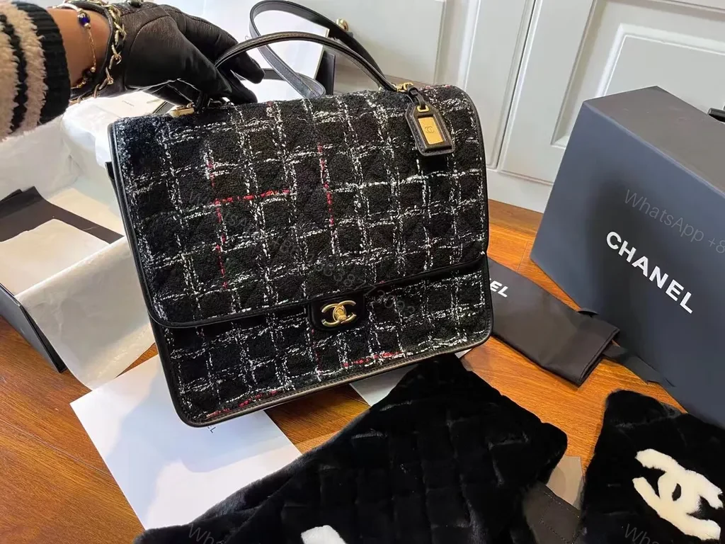 View 4 of Chic Tweed Satchel with Gold CC Hardware - Luxe Satchel