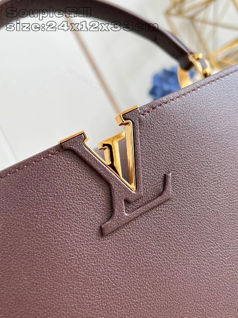 View 4 of Brown Leather Structured Handbag | Gold Hardware, Top-Handle, Crossbody Light