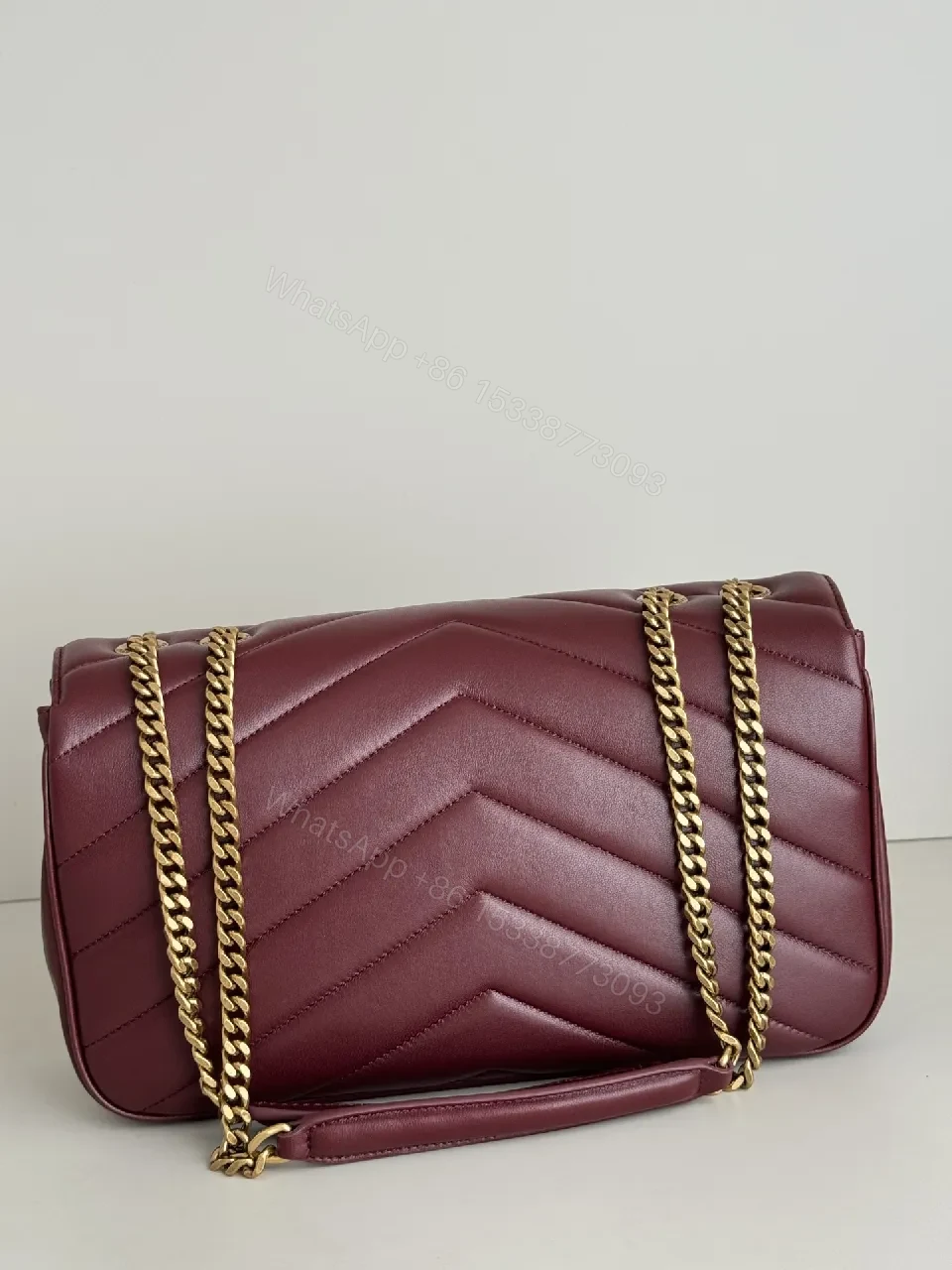 View 8 of Burgundy Quilted Leather Shoulder Bag with Gold Hardware
