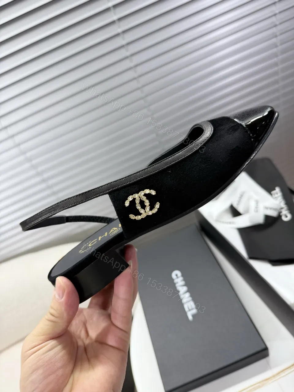 View 9 of Black Satin Slingback Mule with Patent Toe Cap - Elegant Everyday Luxury