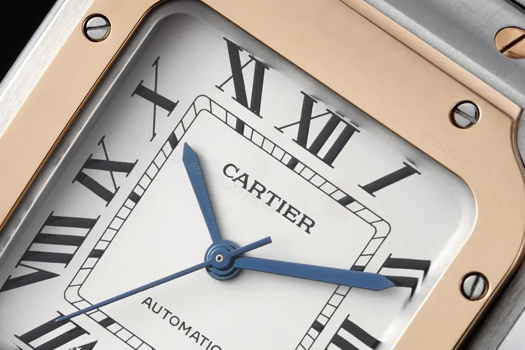 View 2 of JF Factory Santos de Cartier Women’s Watch – Stainless Steel and Rose Gold Case, White Roman Dial, Blue Steel Hands, Sapphire Crystal, Interchangeable Stainless Steel and Leather Straps, QuickSwitch System, 35.1mm, 100m Water Resistant