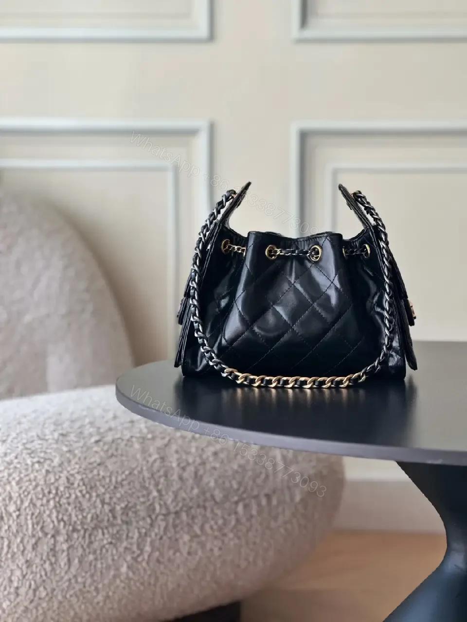 View 4 of Quilted Leather Chain-Detail Shoulder Bag, Black, Lux Style, Everyday Carry