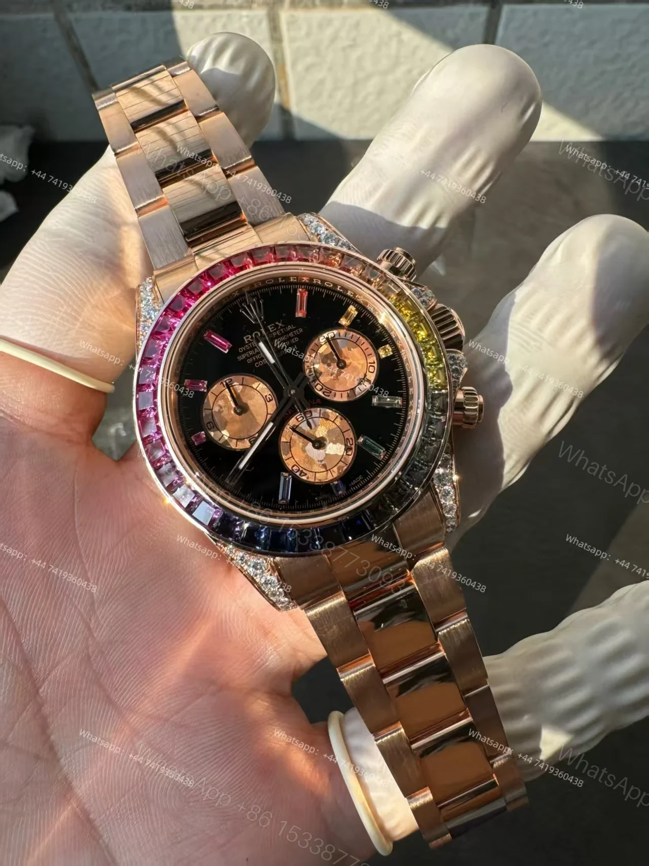 View 4 of Rolex Super Clone Rainbow Daytona 1:1 Replica Watch – 18K Rose Gold