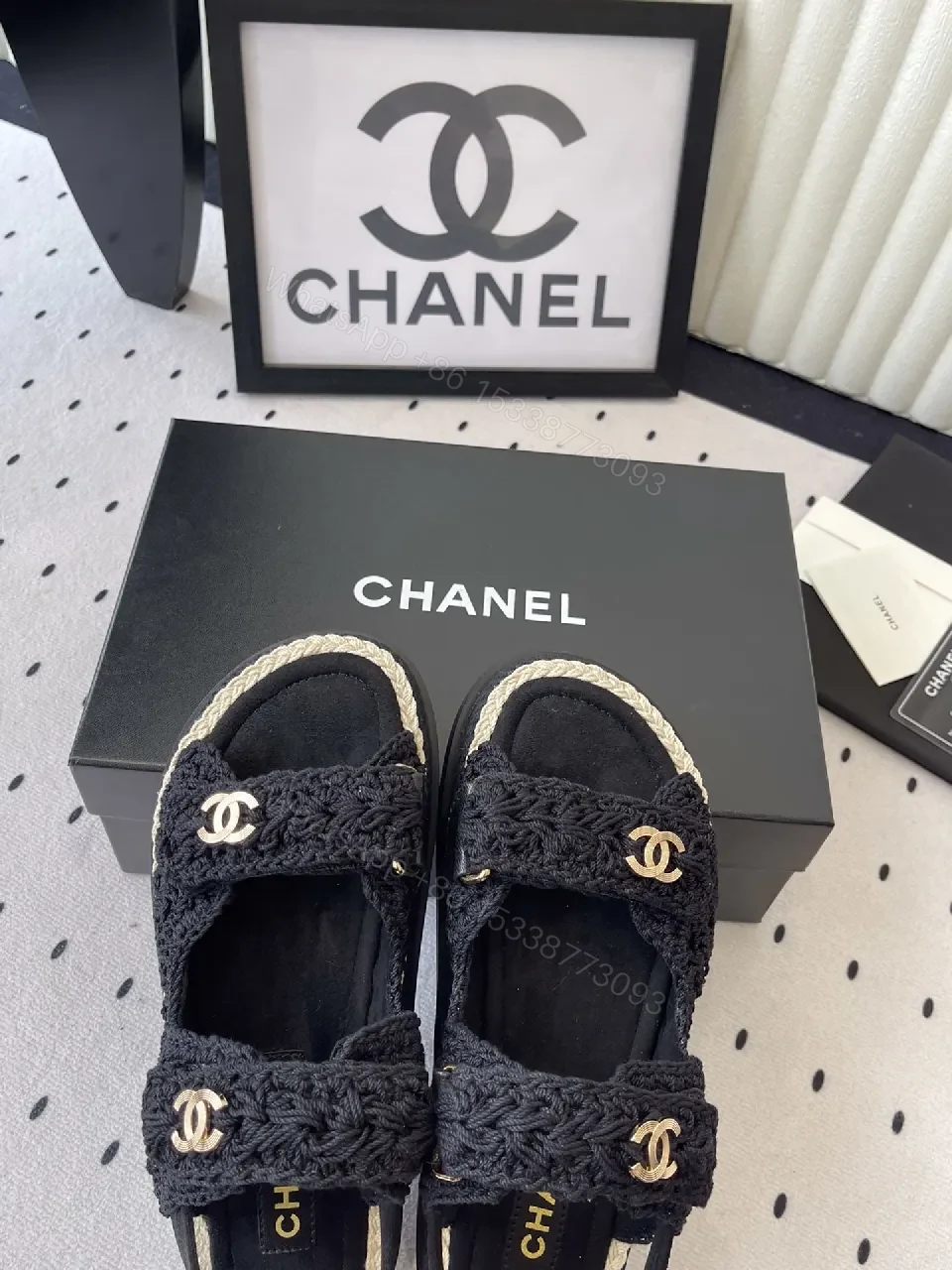 View 2 of Crochet-Texture Sandals in Black with Gold Hardware