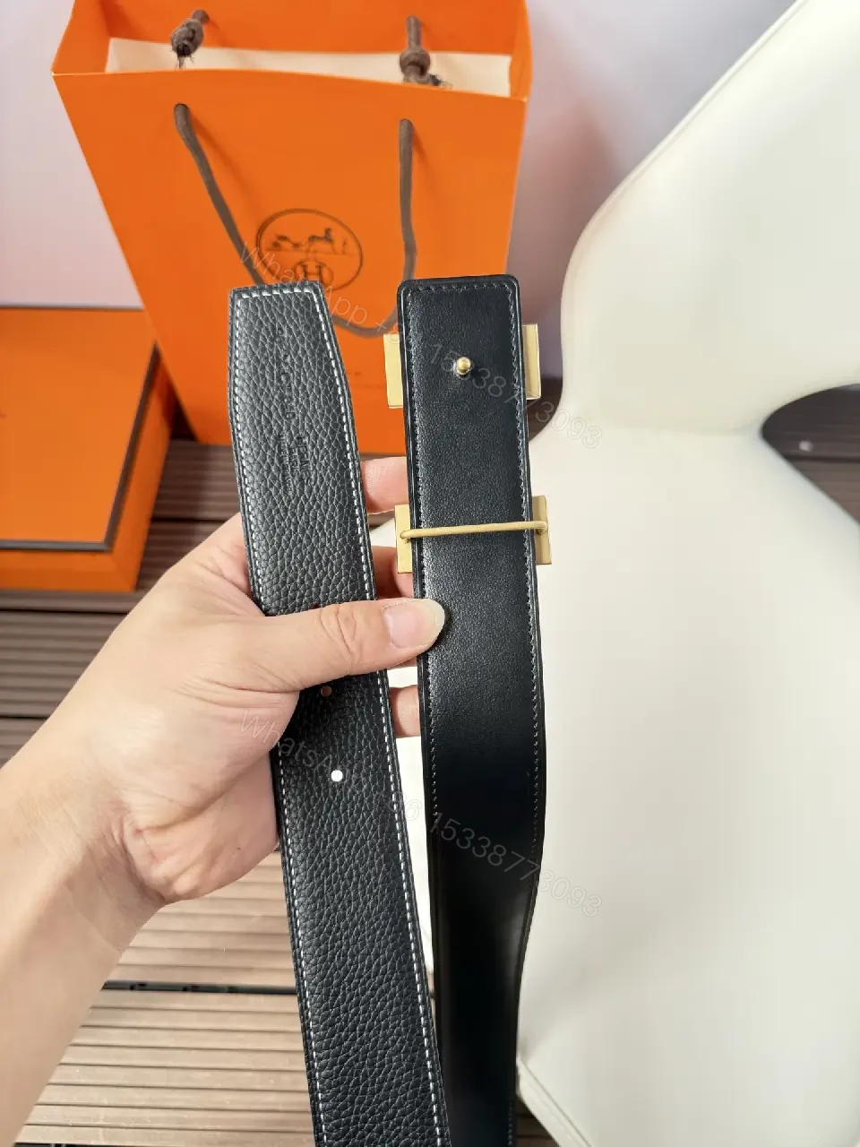 View 3 of Textured Leather Belt with Gold Buckle, Sophisticated Everyday Style