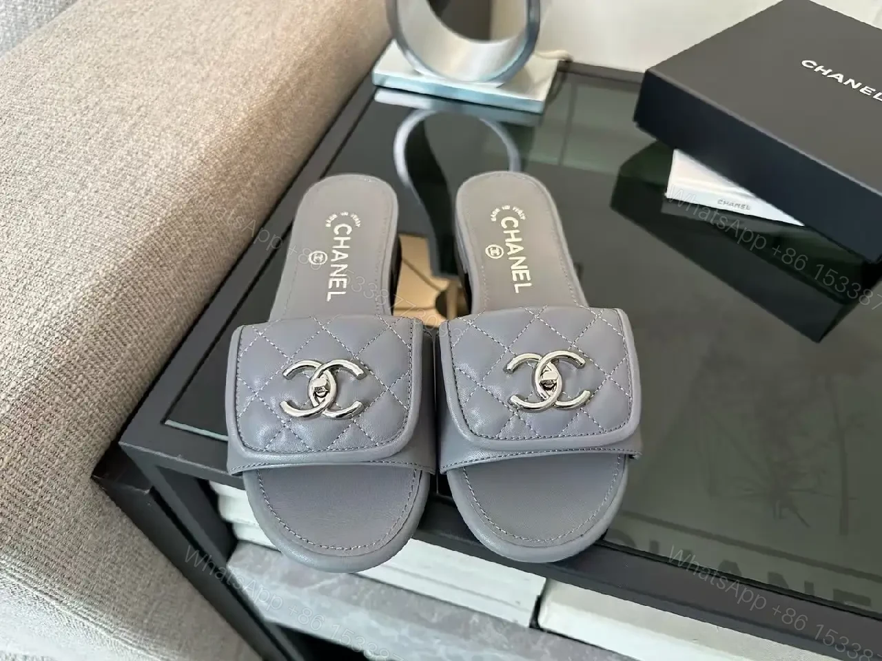 View 2 of Quilted Gray Slip-Ons: Luxe Comfort Slide with Hardware
