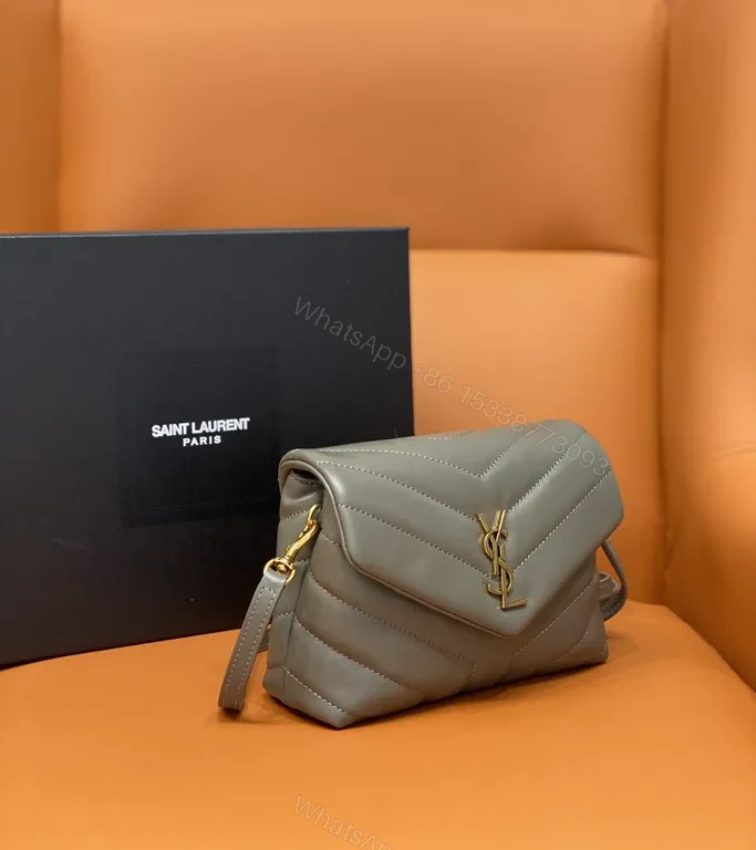 View 3 of Taupe Calfskin Crossbody: Chevron Quilted, Gold Logo, Lux Edit