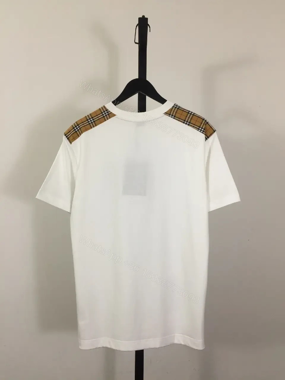 View 3 of Casual Luxe Tee: White Cotton with Plaid Shoulder Accents