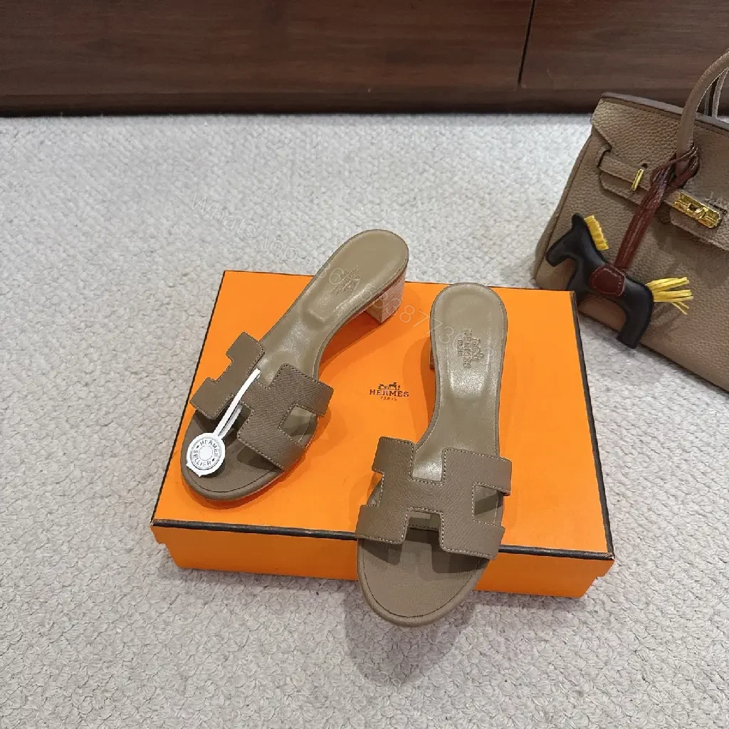 View 7 of Brown Leather Hermes-Style Heeled Sandals, Grained, Open-Toe, Signature Buckle, Sandal Type