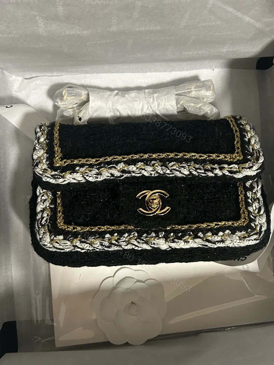 View 3 of Velvet Flap Bag with Gold-Edge Chain Detailing