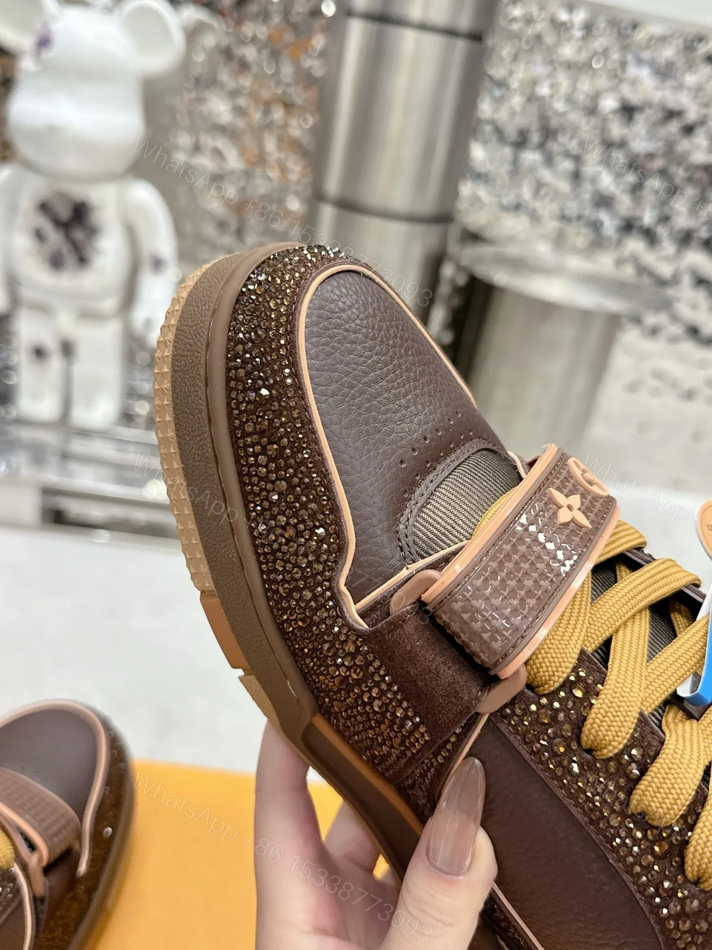 View 2 of LV Women Brown Leather Sparkle Strap Sneakers