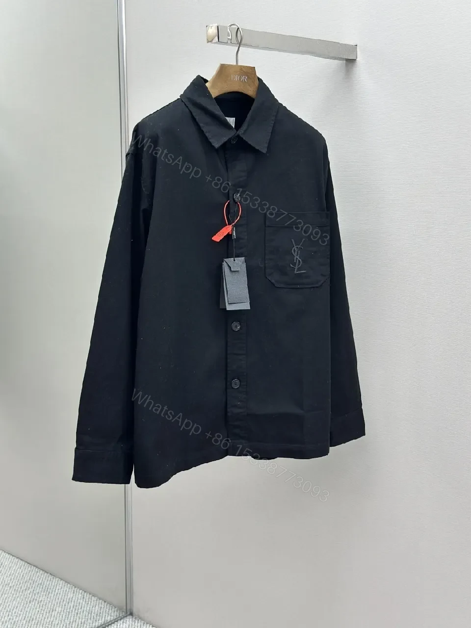 View 9 of Black Cotton-Blend Minimalist Shirt Jacket with Subtle Embroidery