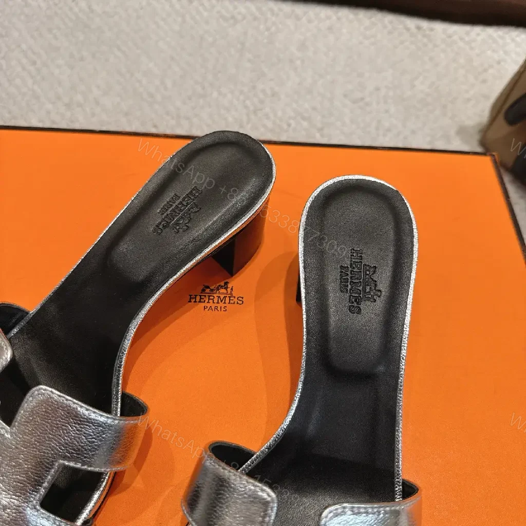 View 10 of Silver Metallic H-style Strap Sandals - Hermes Inspired Slide