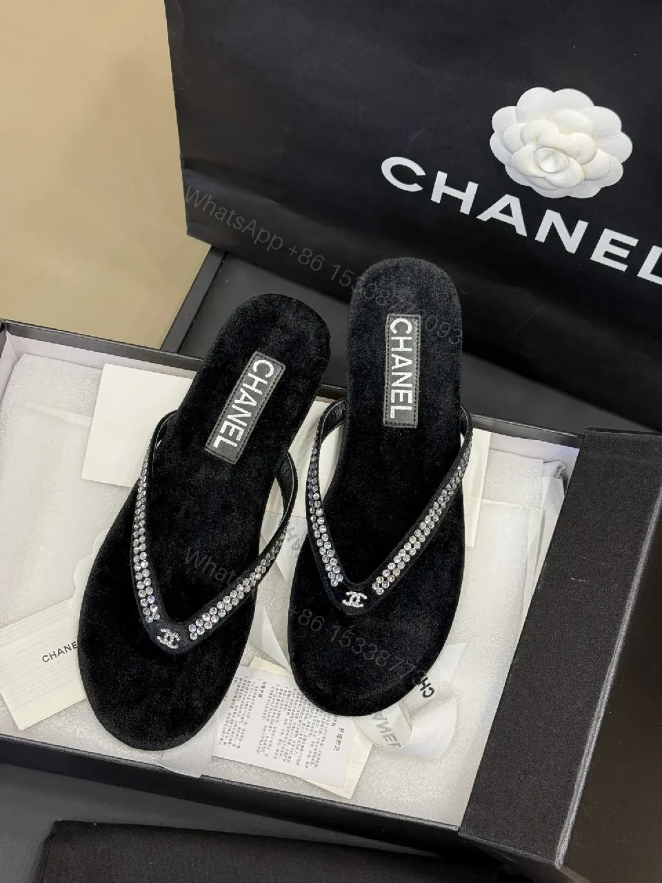 Elegant Black Velvet-Embossed Crystal Flip-Flops — view 1