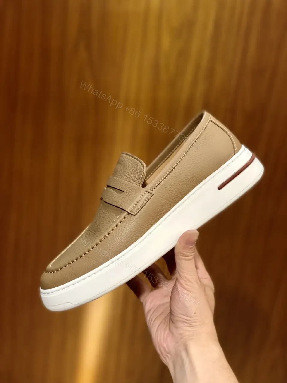 View 7 of Beige Leather Slip-On Loafers Plug-Top Comfort Shoes