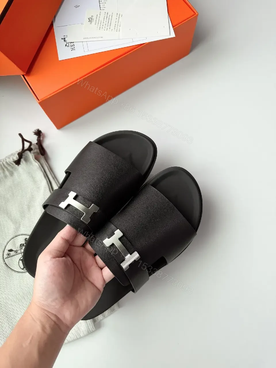 View 7 of Black Leather Slide Metal Buckle Modern Comfort Fit Sandals