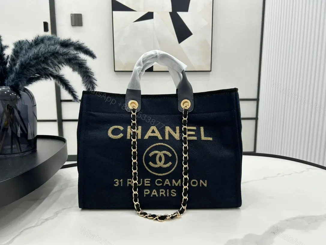 View 4 of CHANEL DEAUVILLE LARGE 38 TOTE BAG IN BLACK CANVAS WITH GOLD EMBROIDERED LOGO