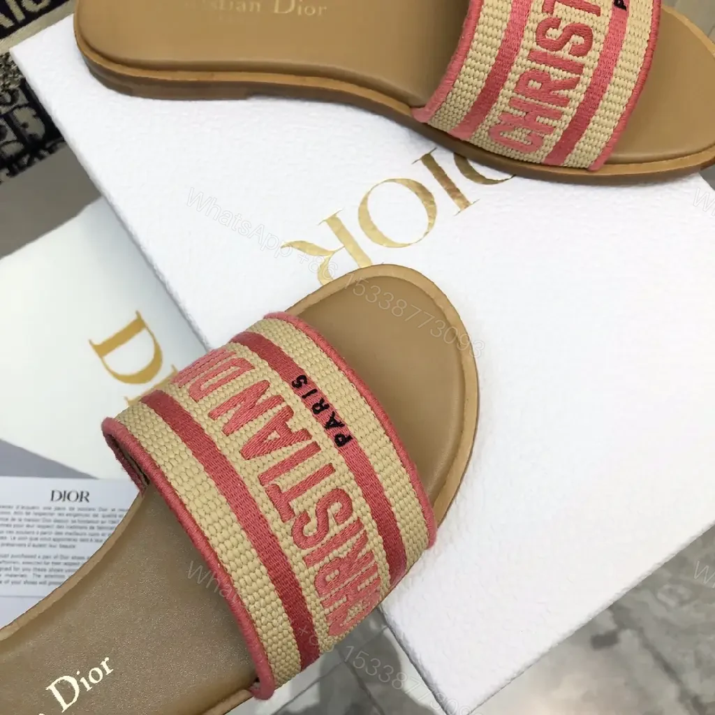 View 4 of Red Striped Straw Summer Sandals with Dior Logo Sliders