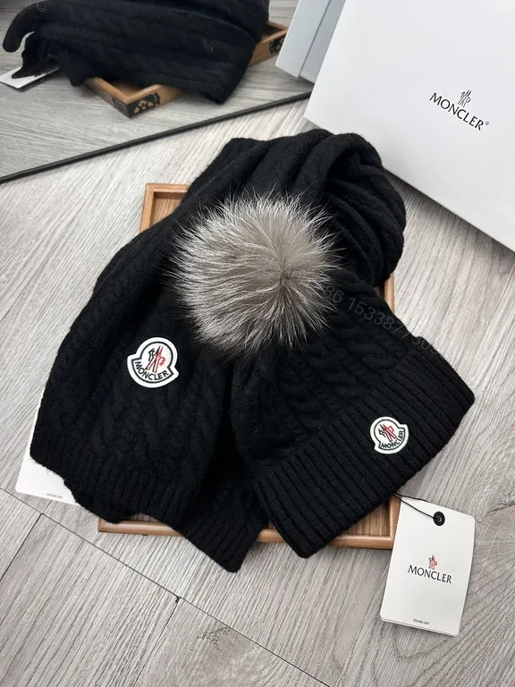 View 3 of Black Alpaca-Blend Moncler Scarf & Beanie Set: Ultra-Luxe Winter