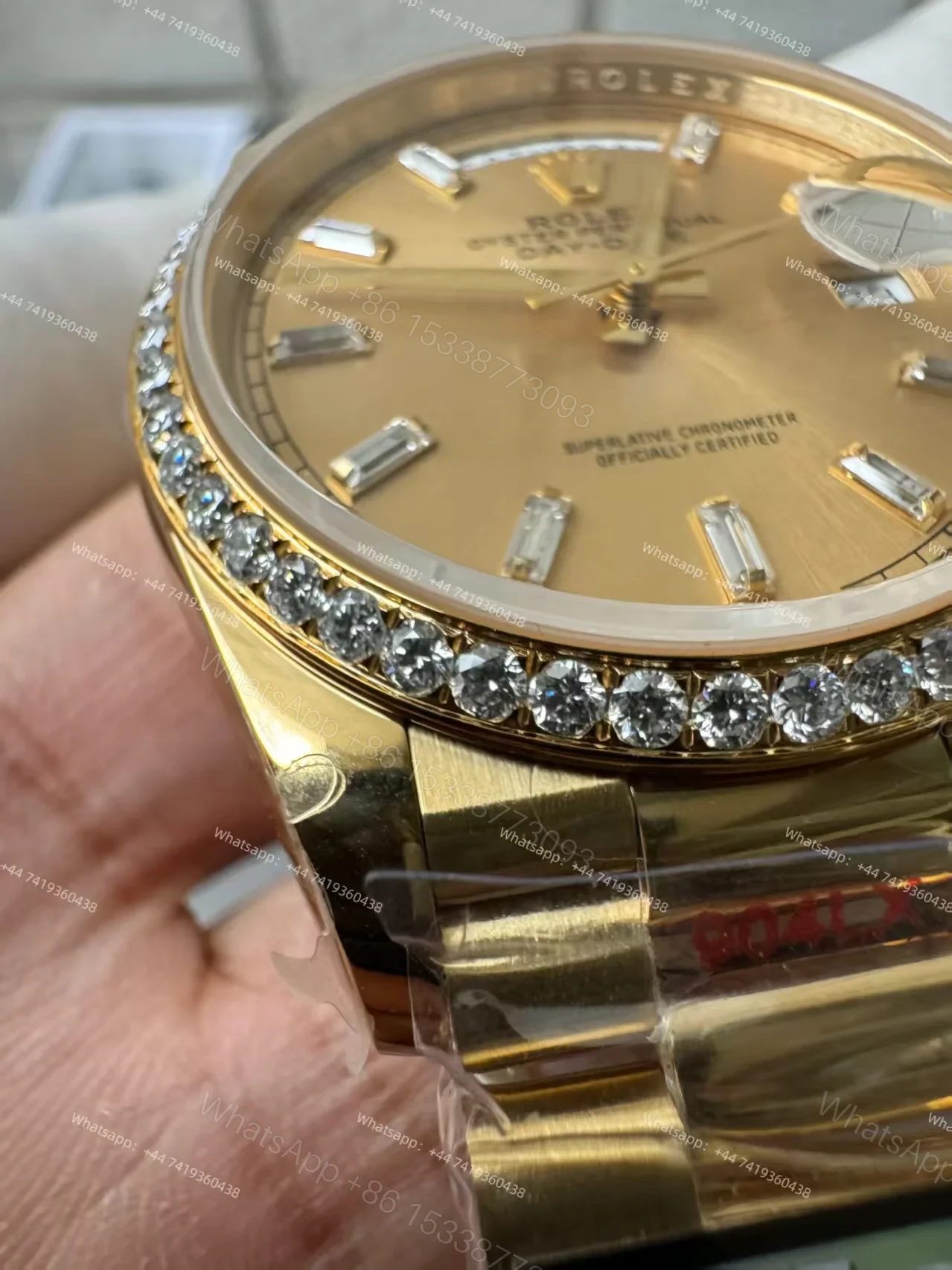 View 7 of Rolex Day-Date M228348RBR-0002 1:1 Replica Moissanite Bezel Gold Dial 40MM 3255 Movement Super Clone Watch