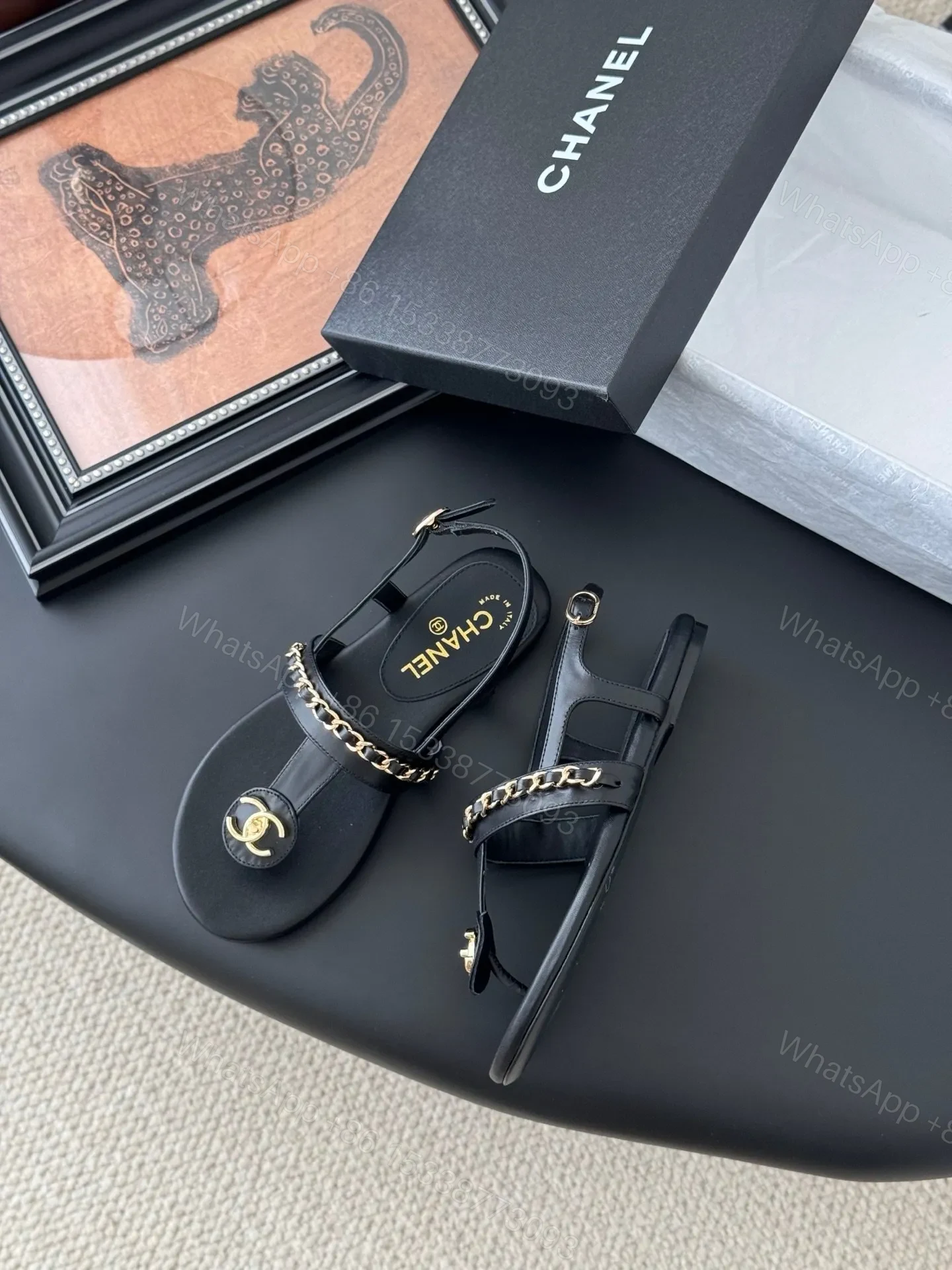 View 3 of Chanel Women Black Leather Chain Detail Sandals