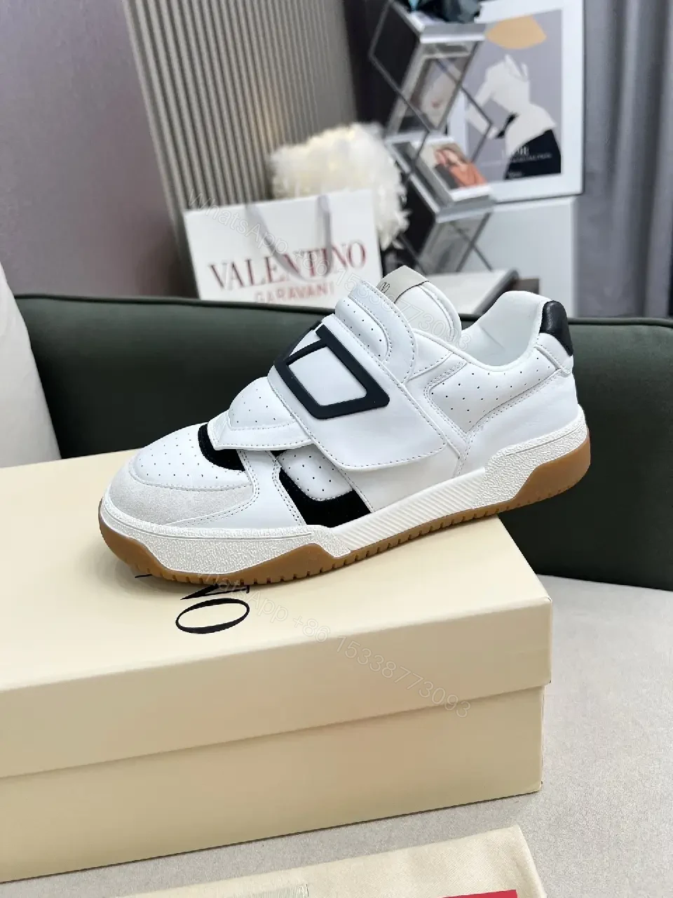 View 4 of White Leather High-Top Sneakers with Geometric Hardware