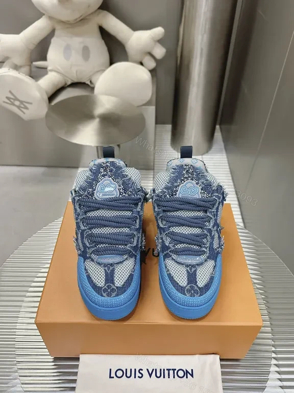 Blue Denim-Textured LV-Style High-Tops: Luxe Streetwear Sneakers — view 1