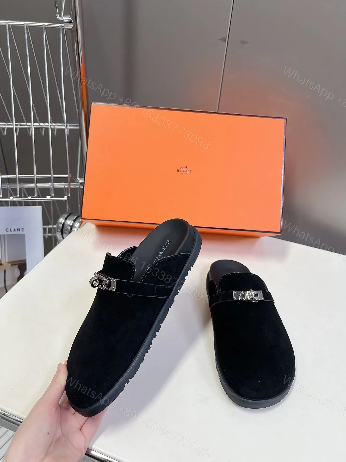 View 3 of Hermes Women Black Suede Leather Slippers