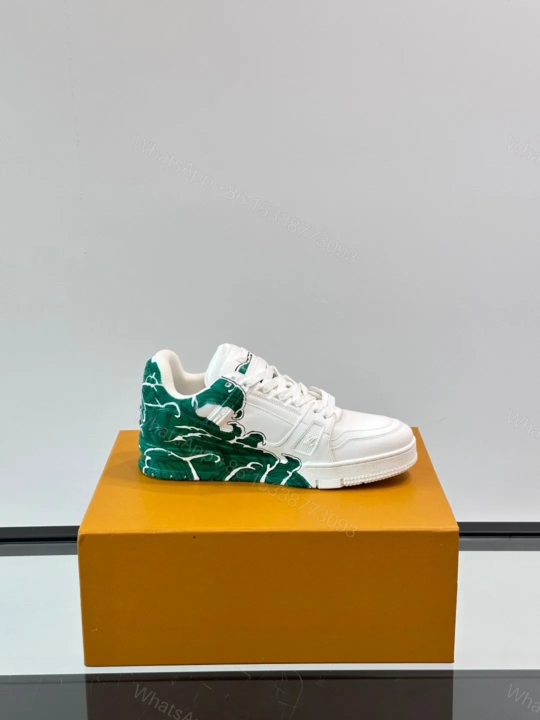 View 6 of LV Men White Leather Sneakers With Green Graphic