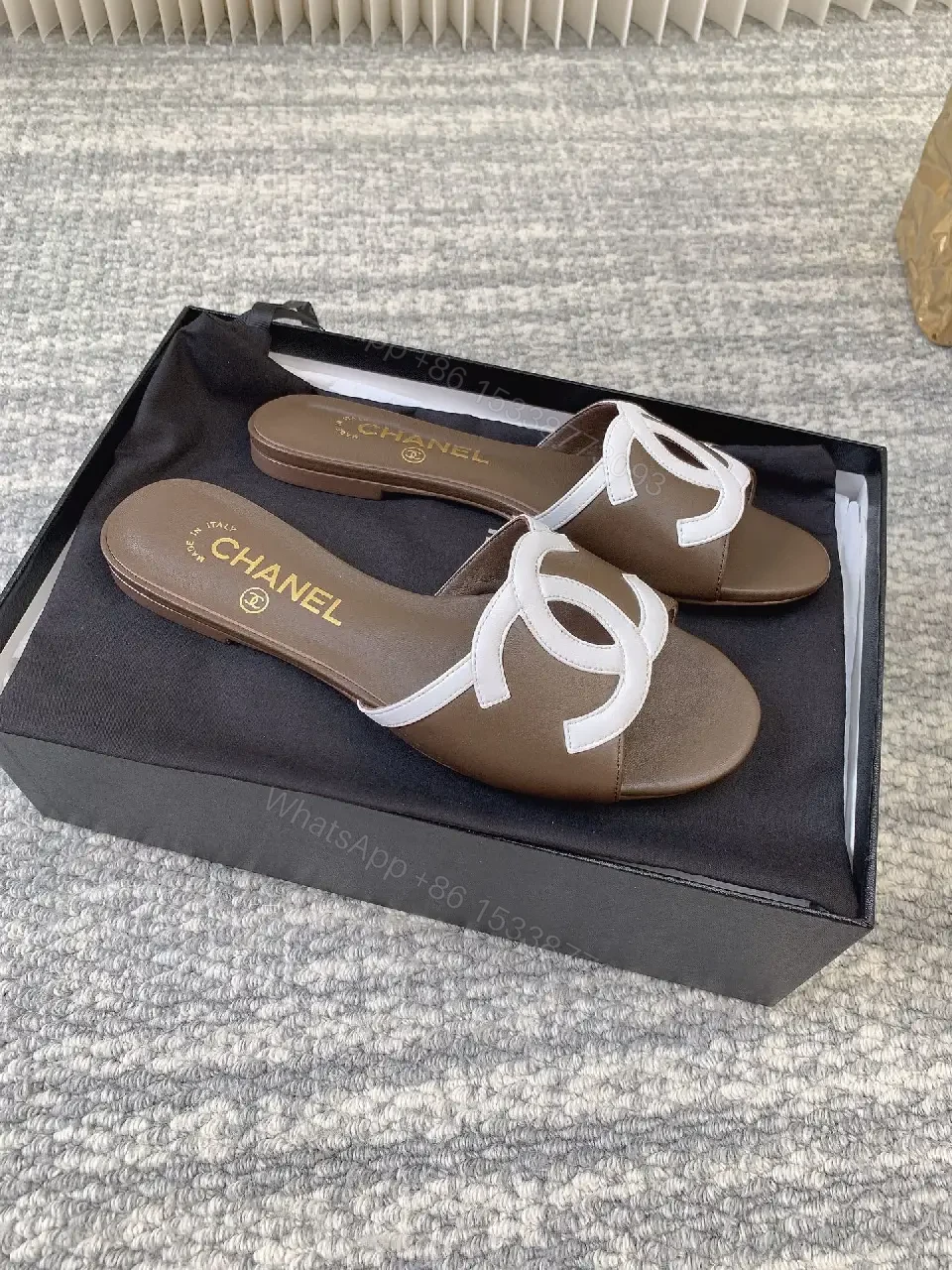 View 2 of Taupe Faux-Leather Logo Slides: Luxury Everyday Comfort