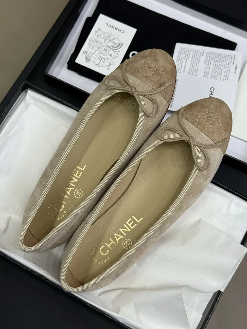View 6 of Beige Suede Ballet Flats with Discreet Logo Emblem