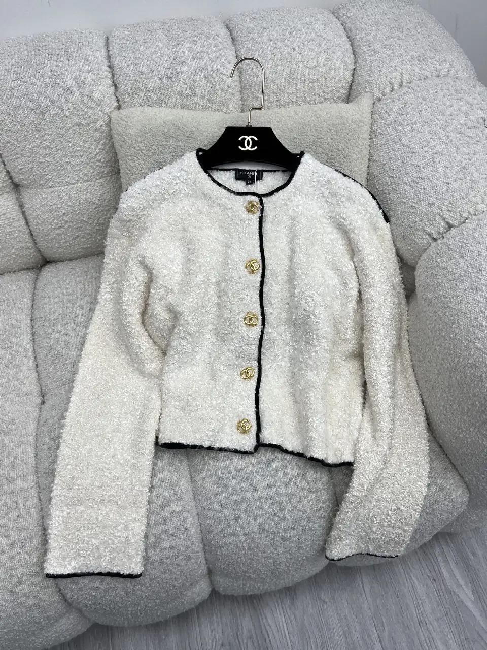 View 9 of Off-White Bouclé Cropped Jacket with Gold Button Trim