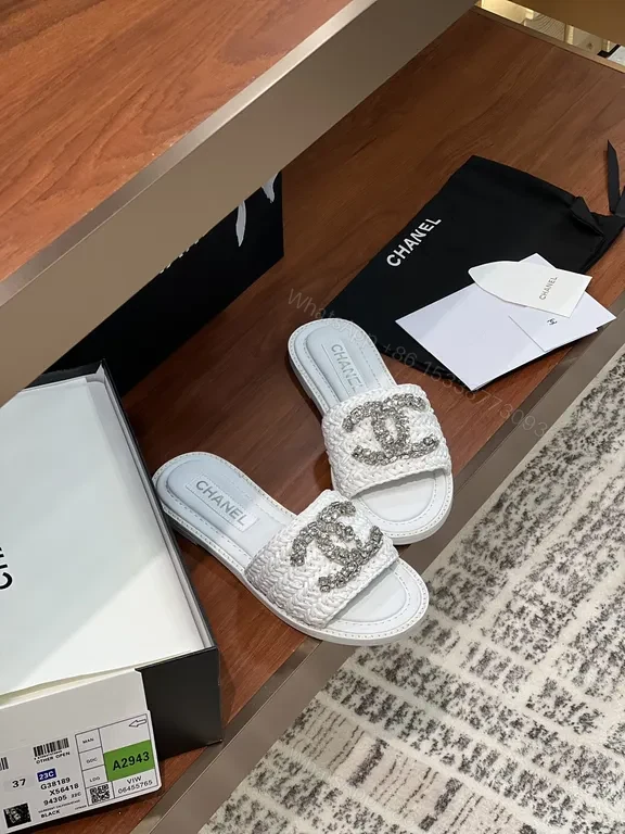 View 2 of Lux White Sparkle Slides - Chanel-Emblem, Luxe Comfort