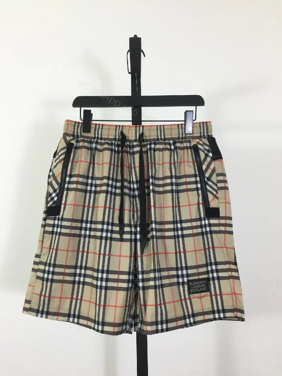 View 7 of Beige Cotton Burberry Check Shorts with Drawstring