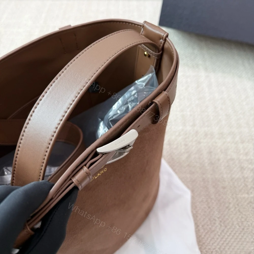 View 5 of Prada Suede Buckle Bucket Bag With Belt Brown 28Cm