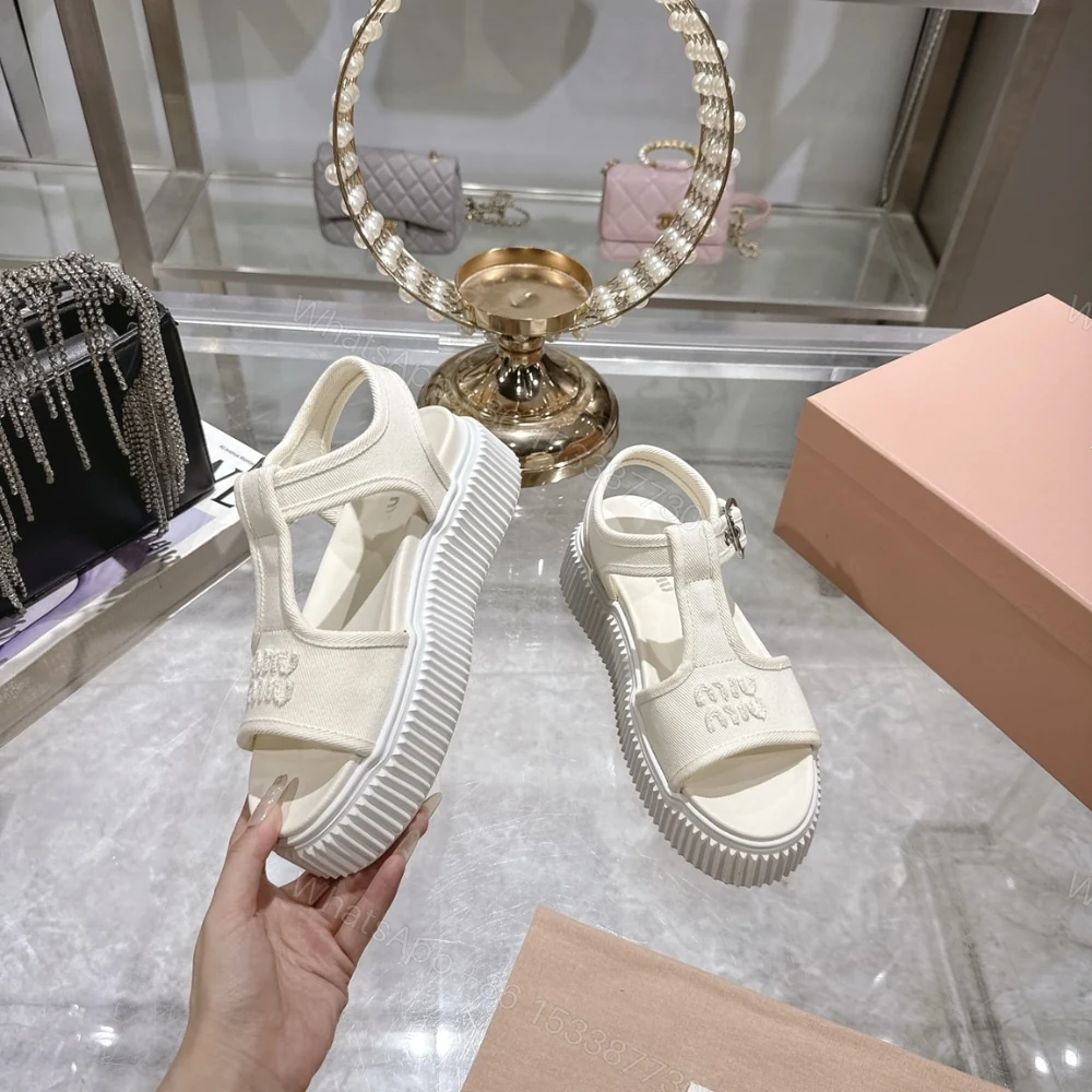 View 5 of MIUMIU DENIM FLATFORM SANDALS IVORY 5X402E CSL F0304 F 045