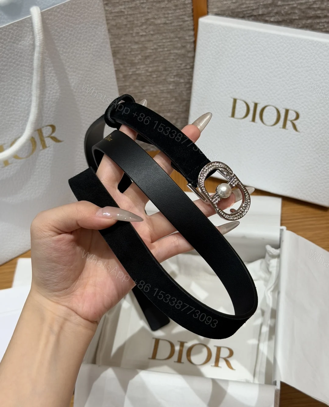 DiorA貨女士CD珍珠細腰帶黑色麂皮設計優雅氣質百搭款 — view 1
