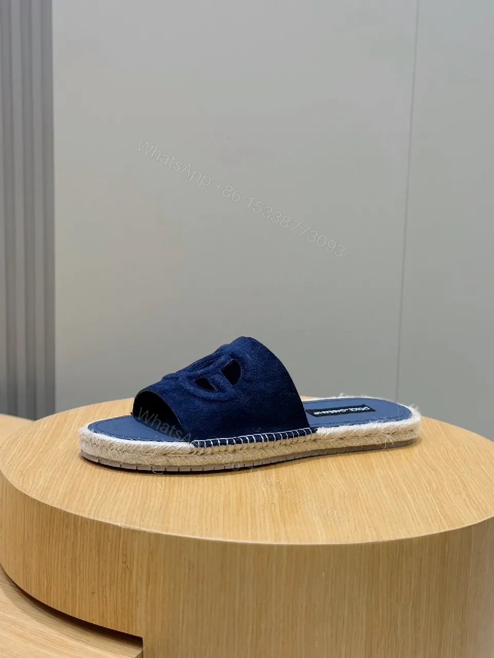 View 3 of Navy Suede Espadrille Sandals - Luxe Couture Motif Slip-On