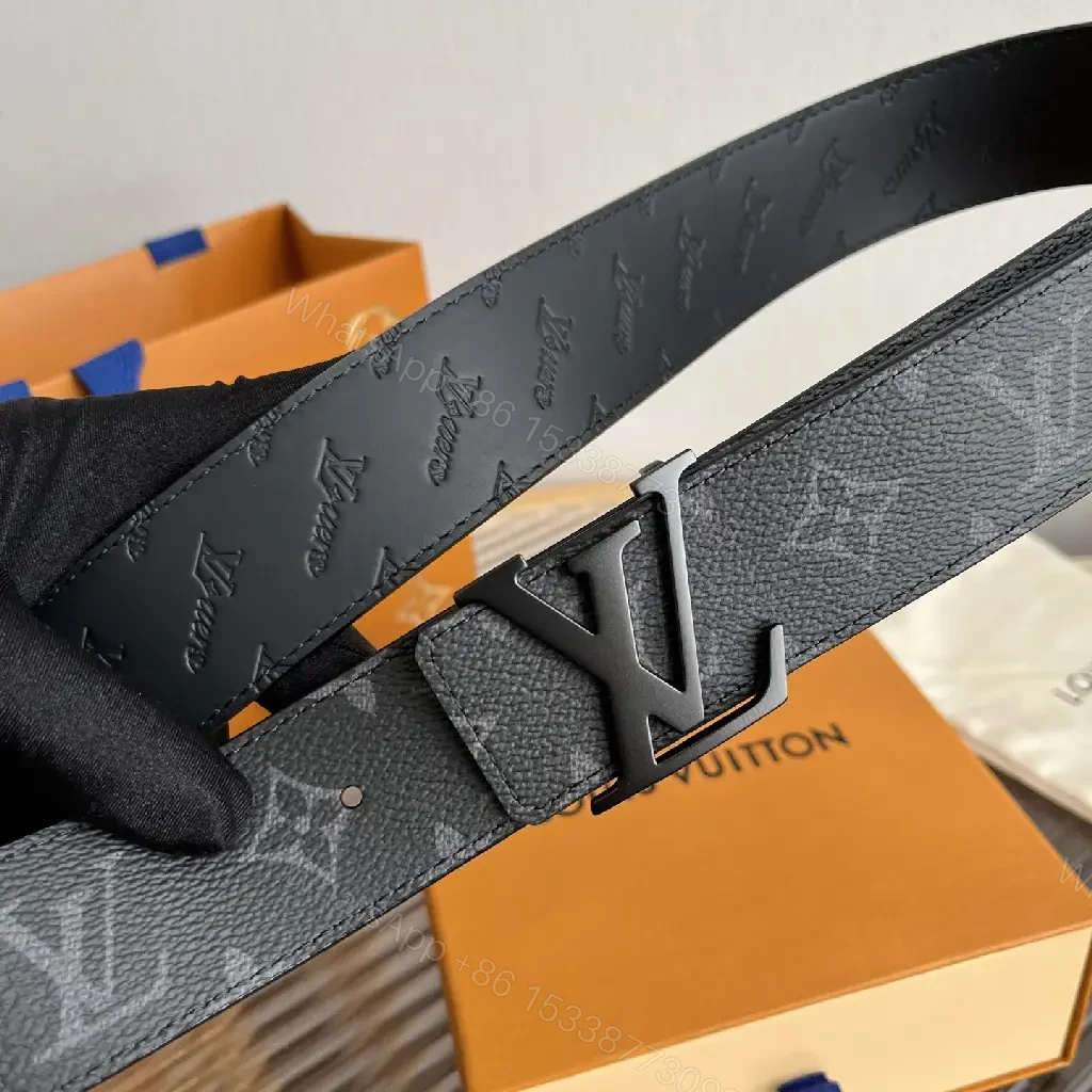 View 10 of Black Pebbled Leather Belt with LV Logo Buckle