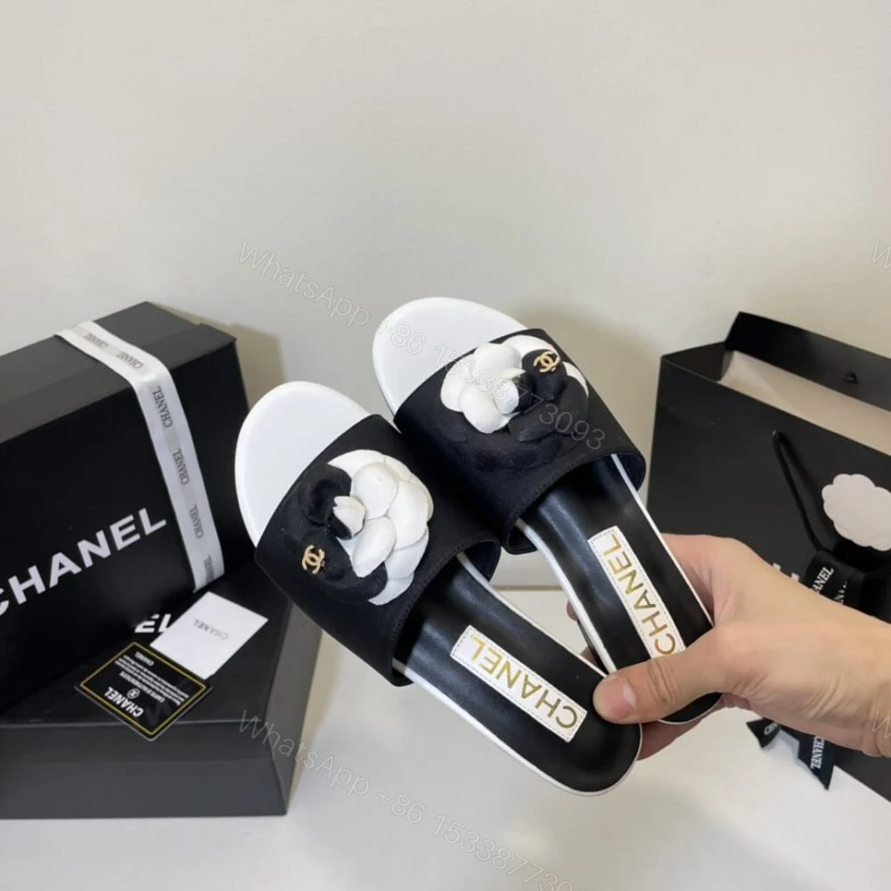 View 4 of Chanel Camellia Slides Black White