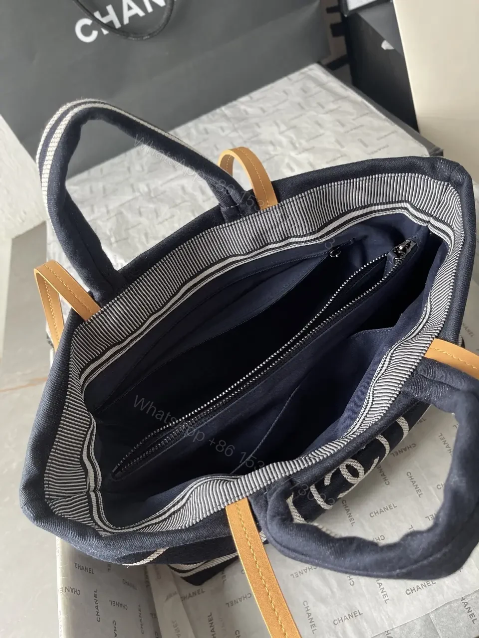 View 3 of Navy Canvas Striped Tote: Luxe Everyday Carryall