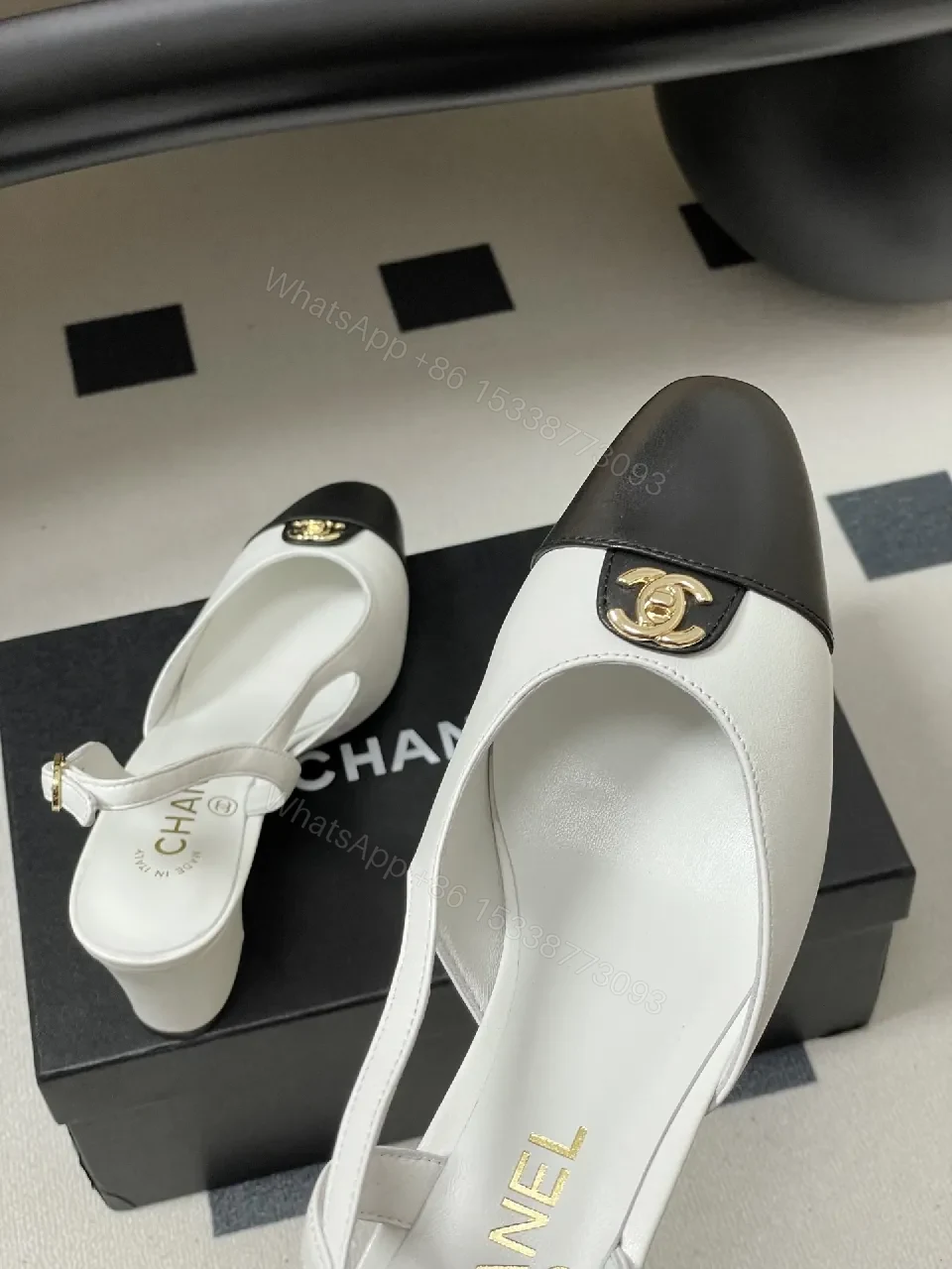 View 9 of Two-Tone Slingback Heels with Gold Logo Accent