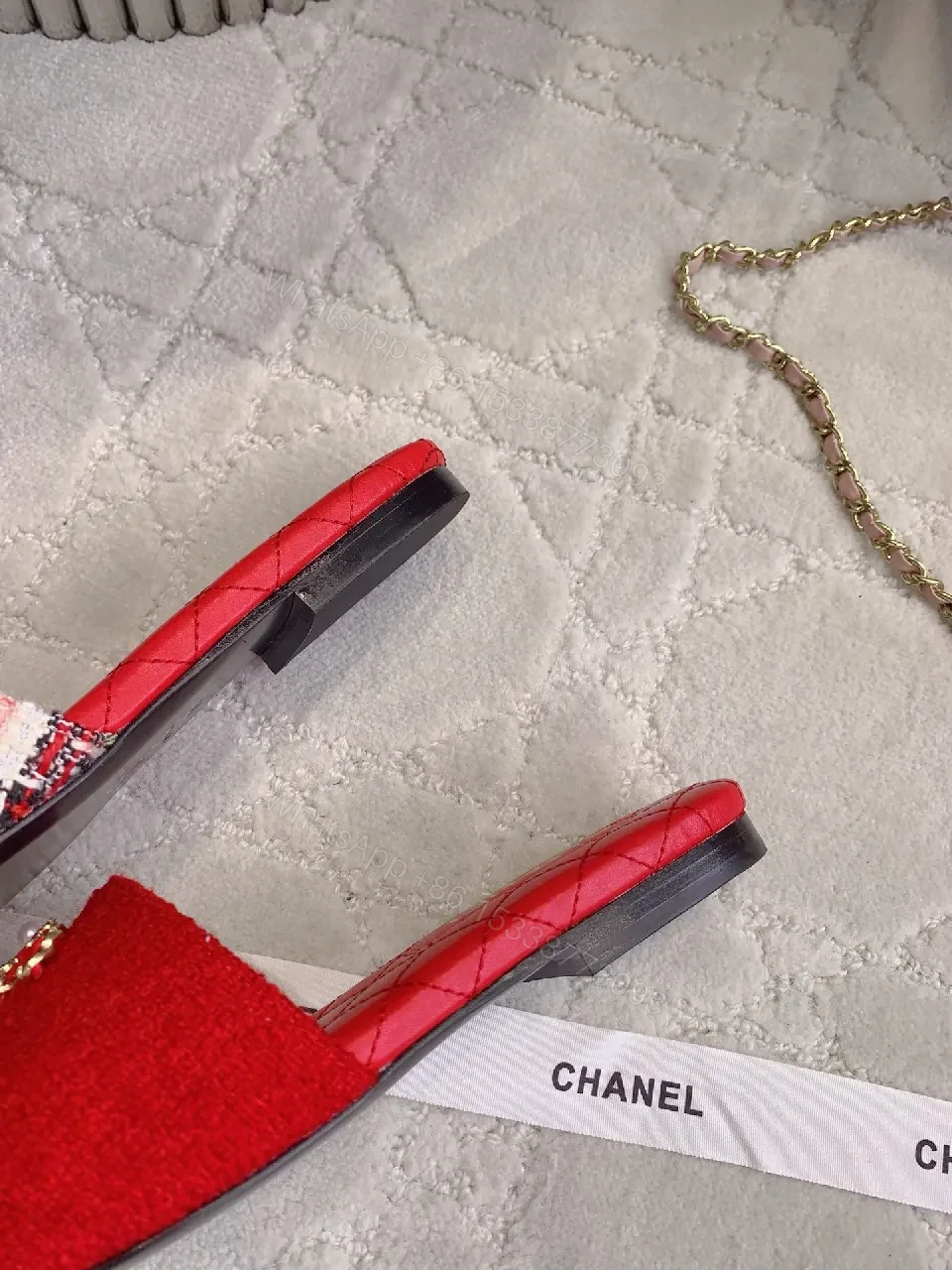View 3 of Red Textured Slides with Logo Straps, Luxury Chic Slip-Ons
