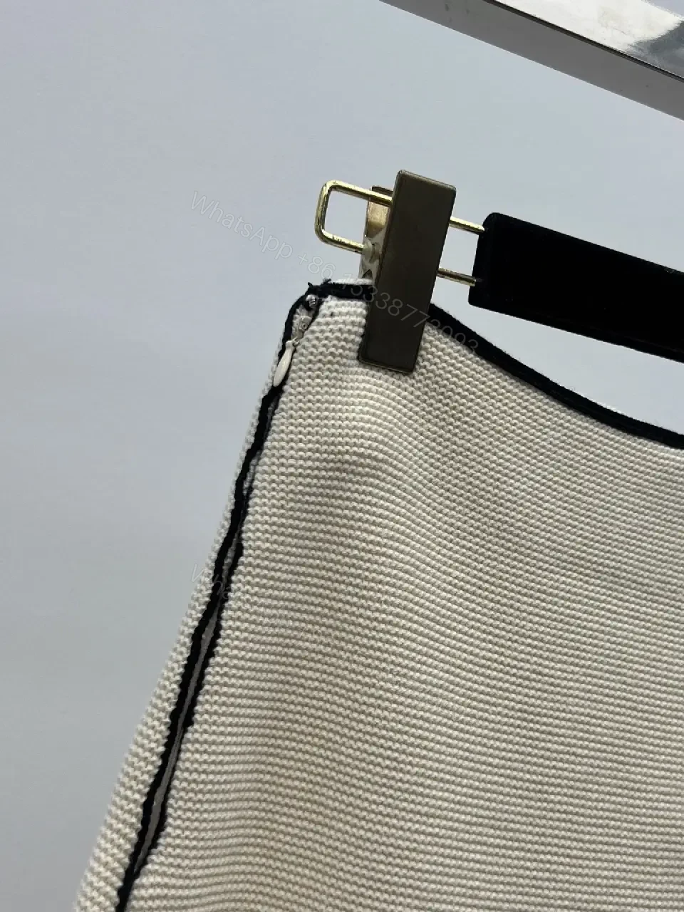 View 3 of Beige Tweed Skirt with Black Piping and Chanel Logo Slim A-Line Skirt