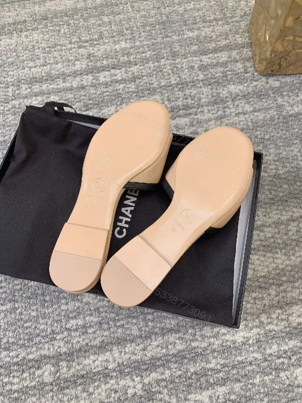 View 4 of Tan Leather Slip-Ons with Logo Detail – Everyday Luxe Sandals