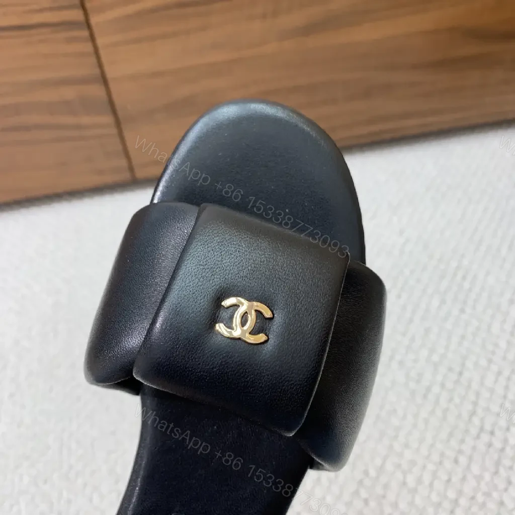 View 9 of Black Leather Slide Gold CHANEL Logo Modern Comfort Fit Sandals